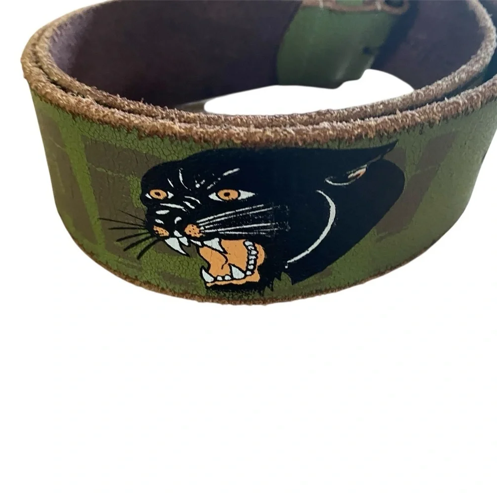 Vintage Ed Hardy Y2K Green Yellow Graphic Edgy Distressed Leather Panther Belt